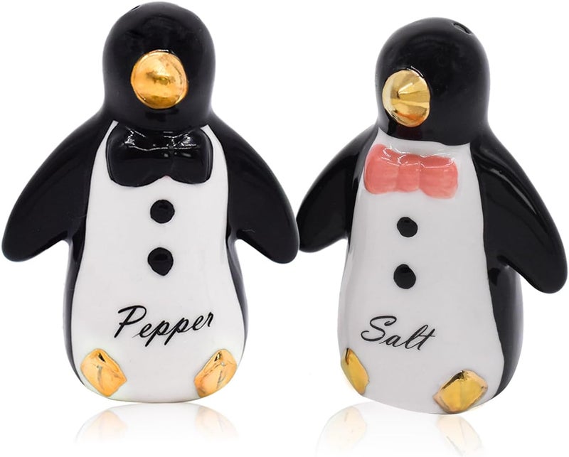 KARALIN Ceramic Cute Salt & Pepper Shaker Sets Tabletop Accessories Kitchen Decor Penguin Design Housewarming with Gift Box (Black & Gold) - Image 1